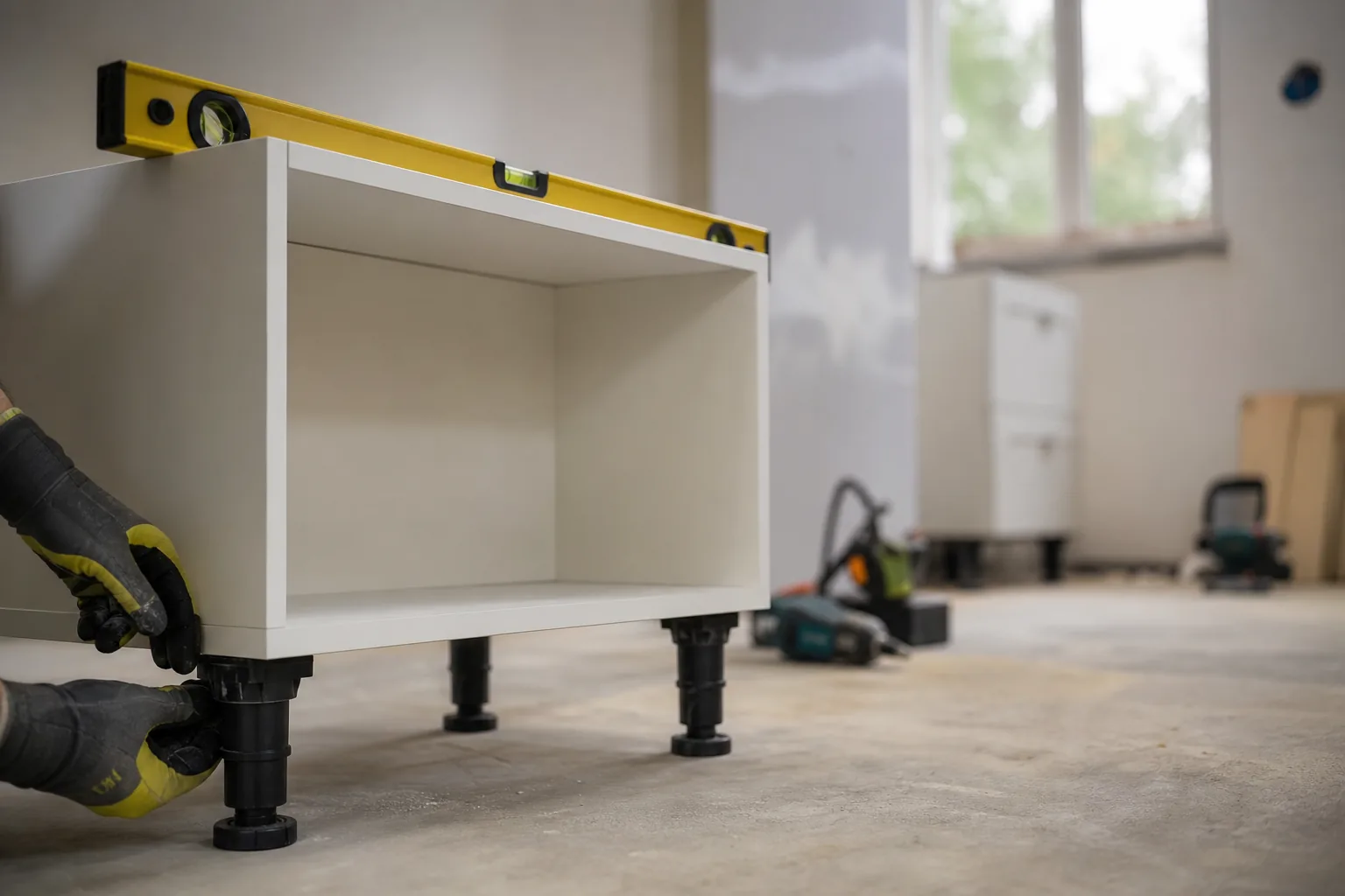 Caisson de meuble bas mis à niveau sur ses pieds réglables, niveau à bulle posé dessus