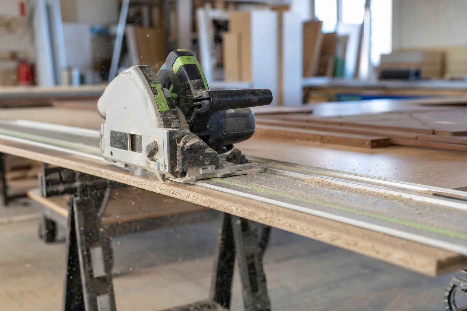 Découpe d’un plan de travail à la scie plongeante sur rail, en atelier