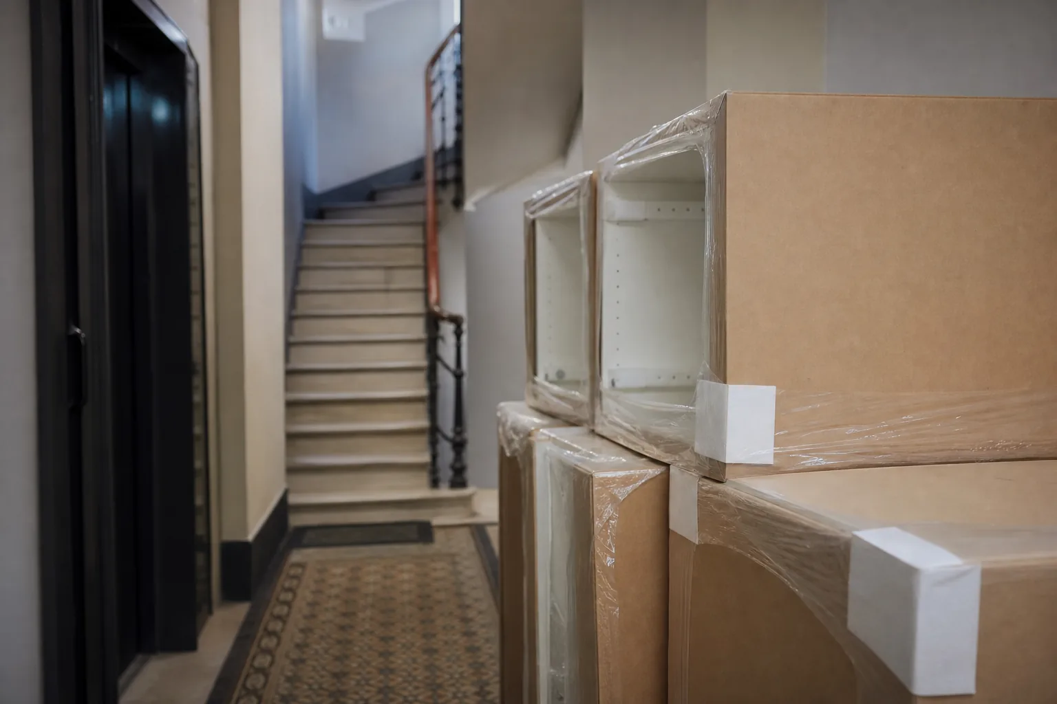 Colis de meubles filmés empilés au pied d’un escalier d’immeuble, avant portage à l’étage