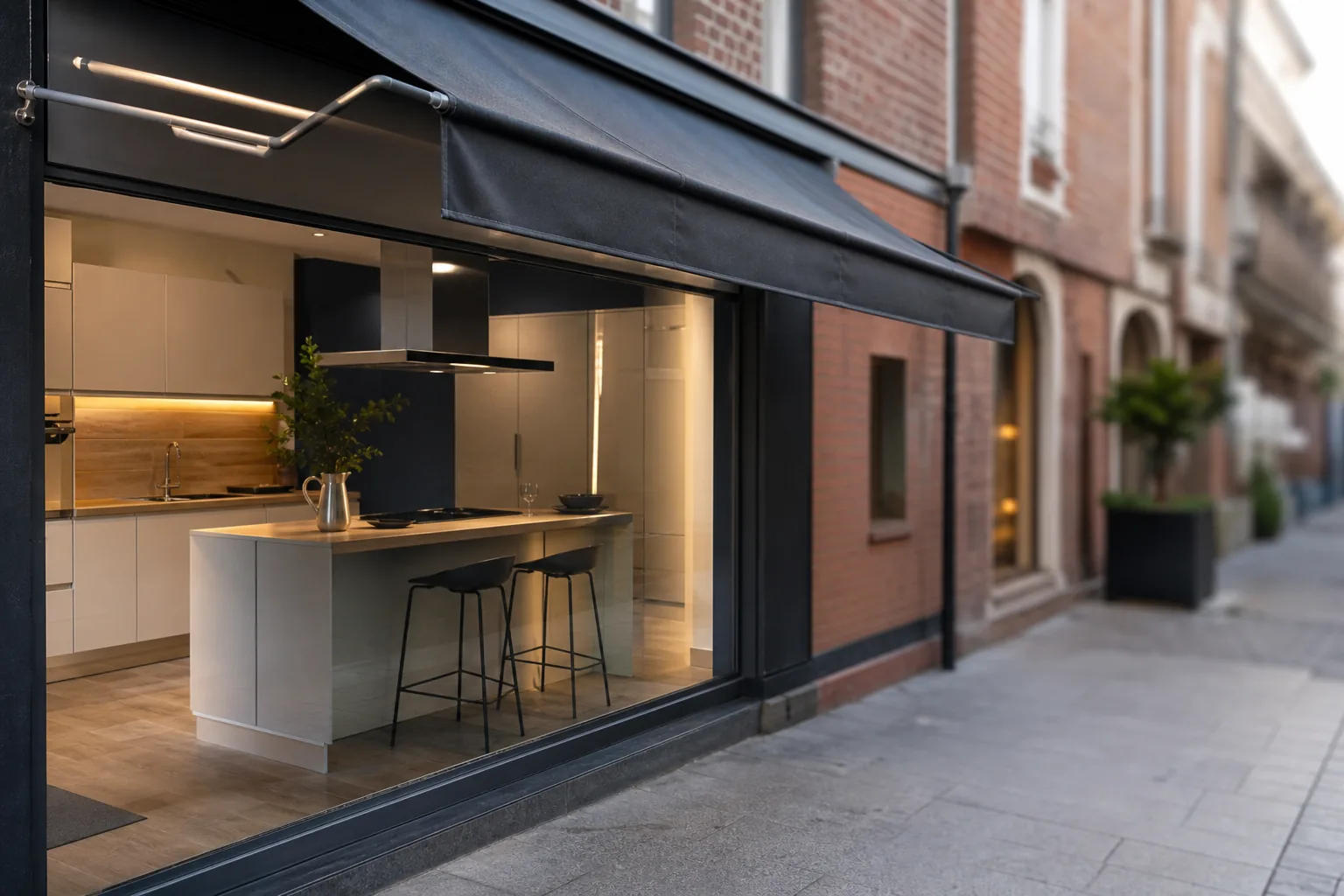 Vitrine éclairée d’un magasin de cuisines sous un auvent de toile, façade de brique en arrière-plan
