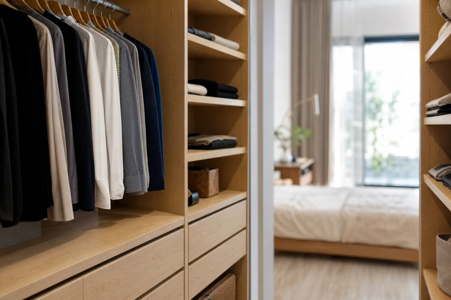 Penderie de dressing ouverte, tringle, étagères et tiroirs sur un même module