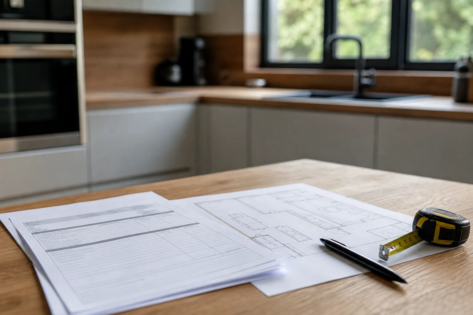 Plan de cuisine et pages de devis étalés sur une table, crayon et mètre ruban posés dessus