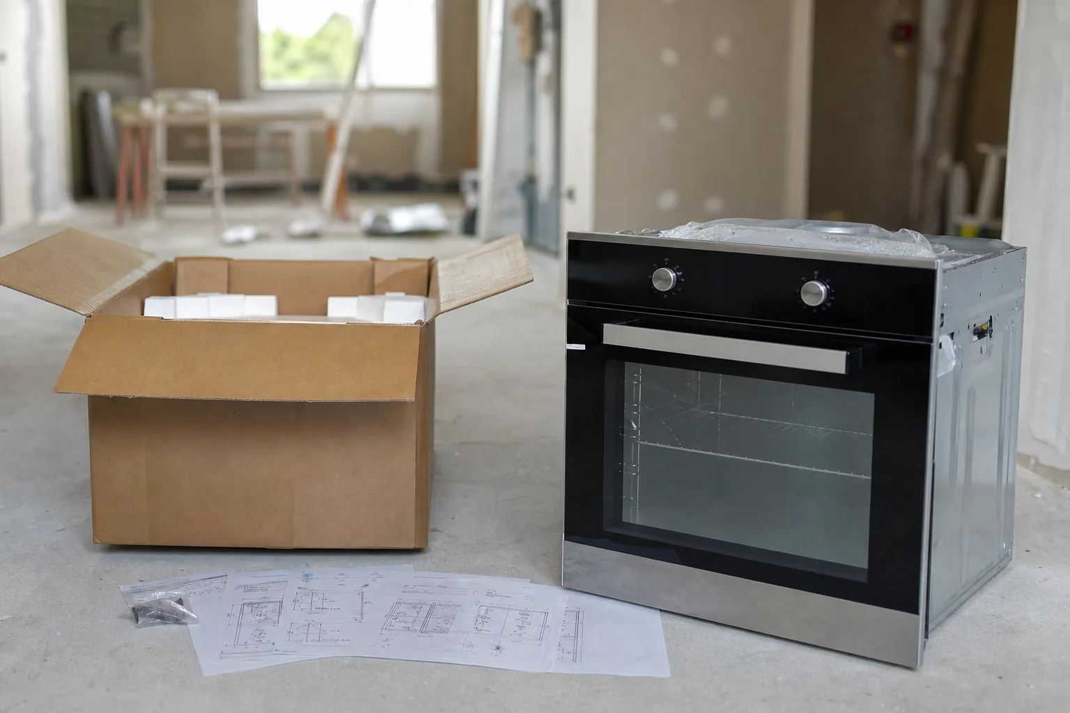Four sorti de son carton d’emballage à côté d’une notice, avant montage des meubles