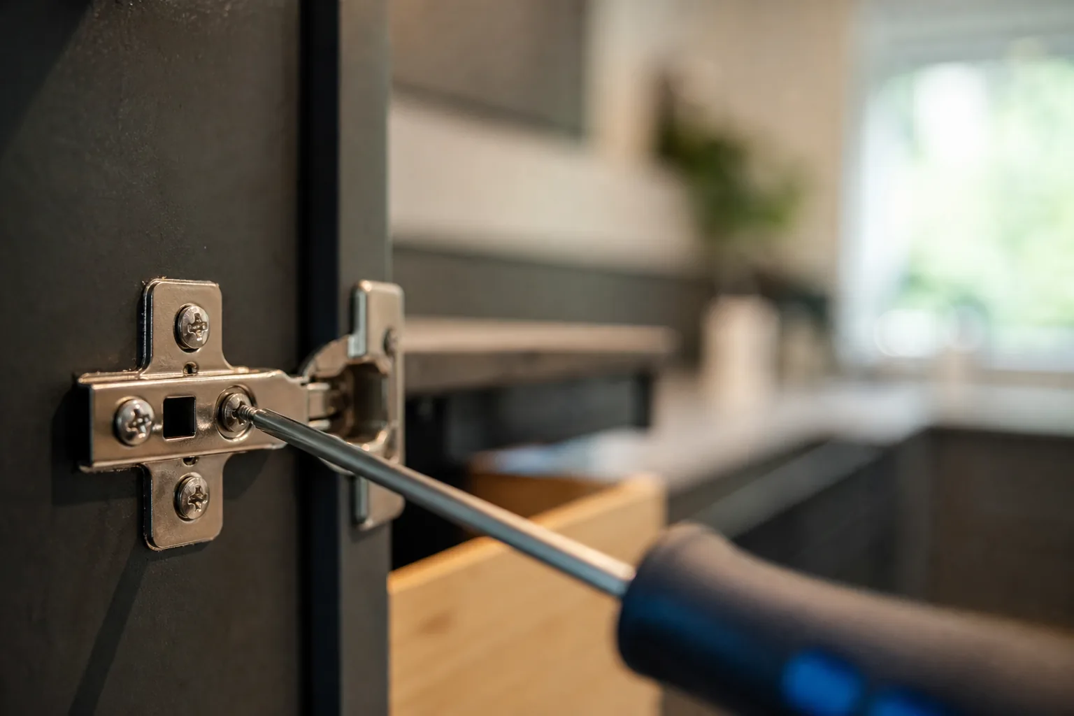Réglage d’une charnière de porte de meuble au tournevis, après pose