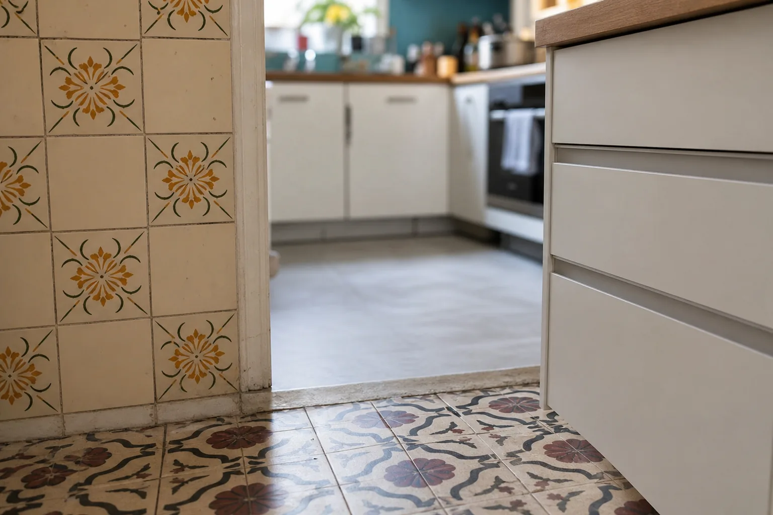 Meubles neufs posés sur un sol en carreaux de ciment conservé