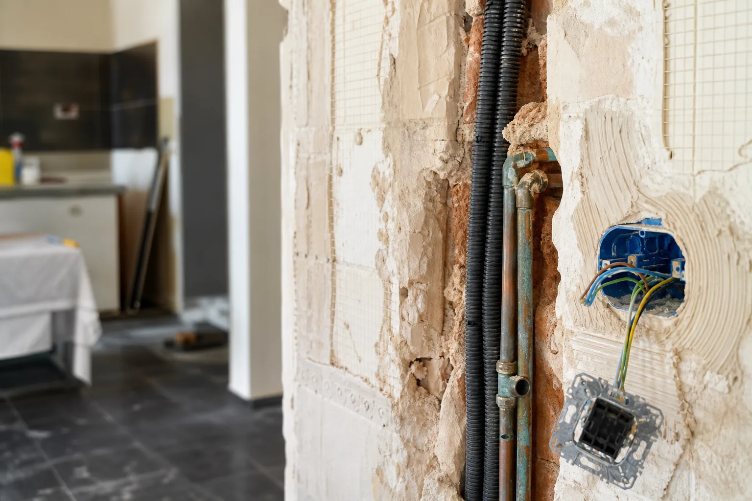 Saignée ouverte dans un mur, gaines électriques et boîtier d’encastrement en attente