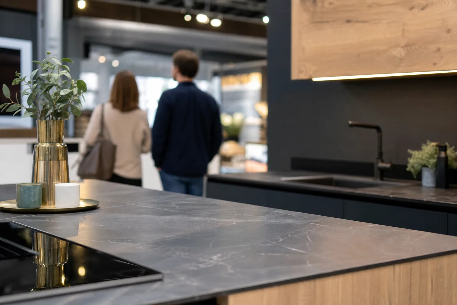 Deux visiteurs de dos dans l’allée d’un showroom, plan de travail au premier plan