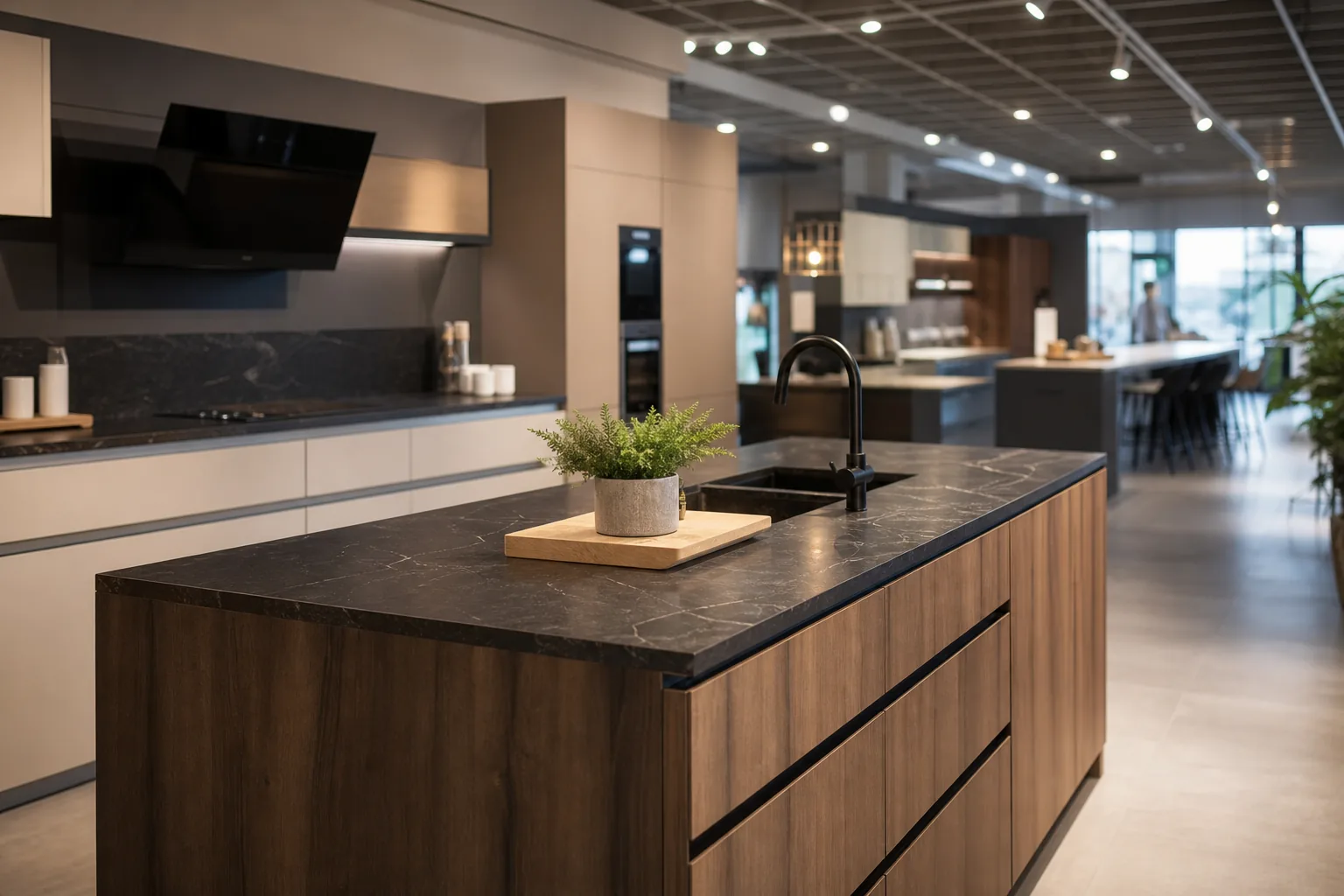 Implantation de cuisine exposée en showroom, îlot central et hotte suspendue
