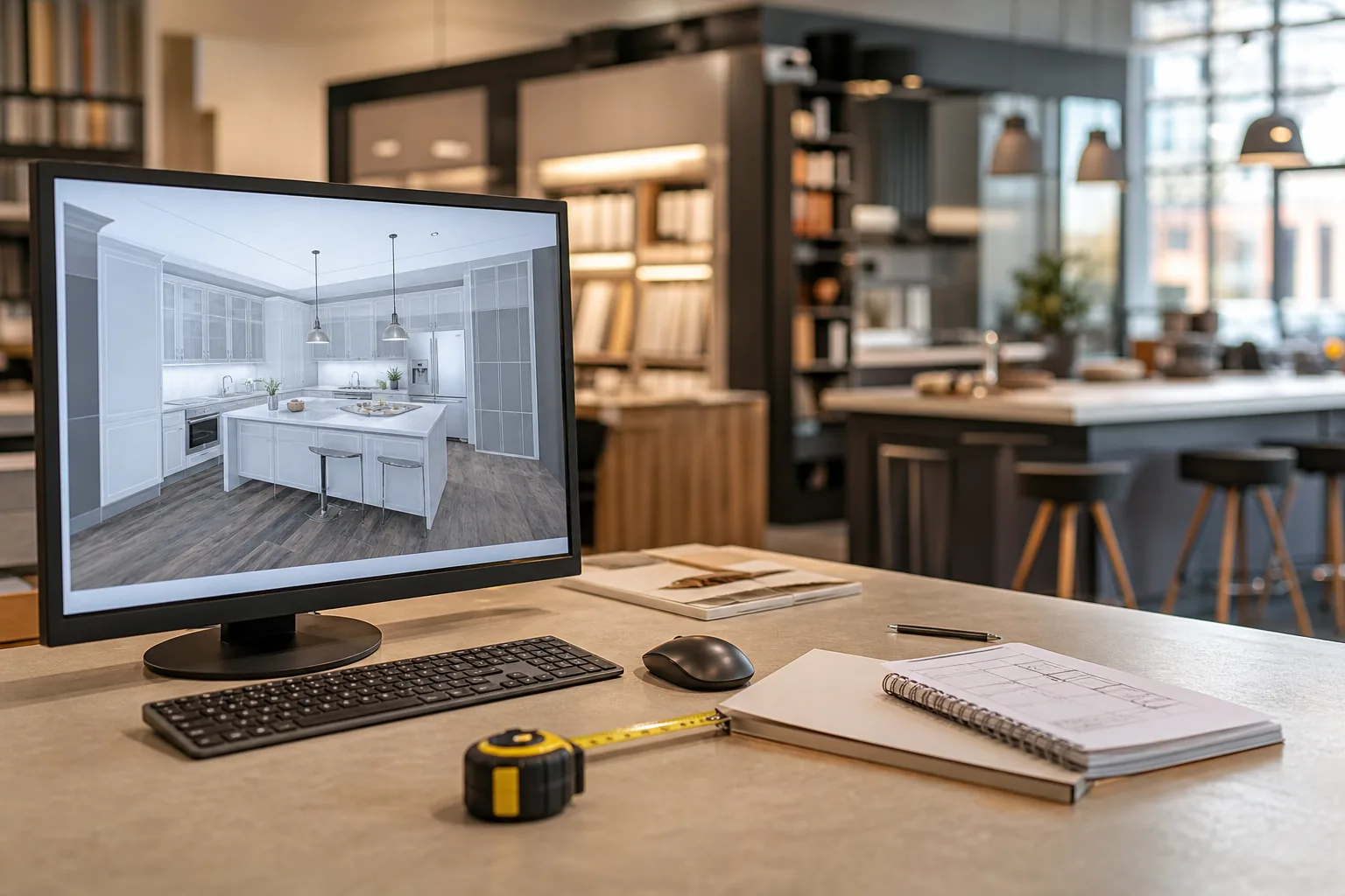 Écran de conception posé sur un comptoir de showroom, plan de cuisine en cours de dessin