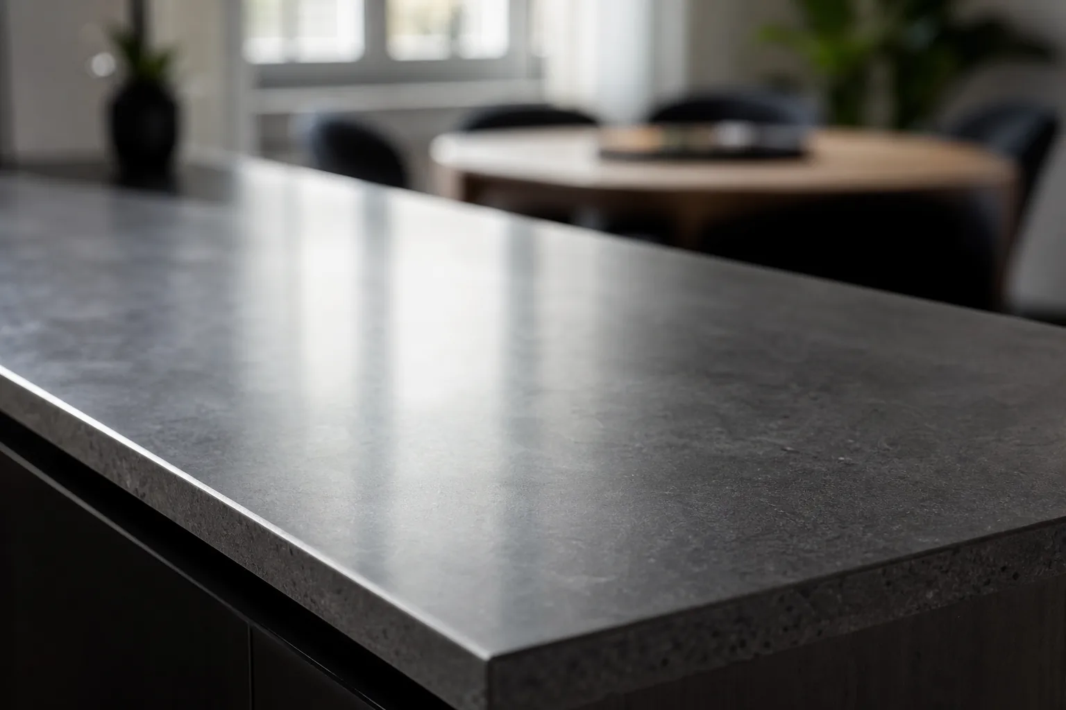 Plan de travail en céramique anthracite, arête vive au premier plan