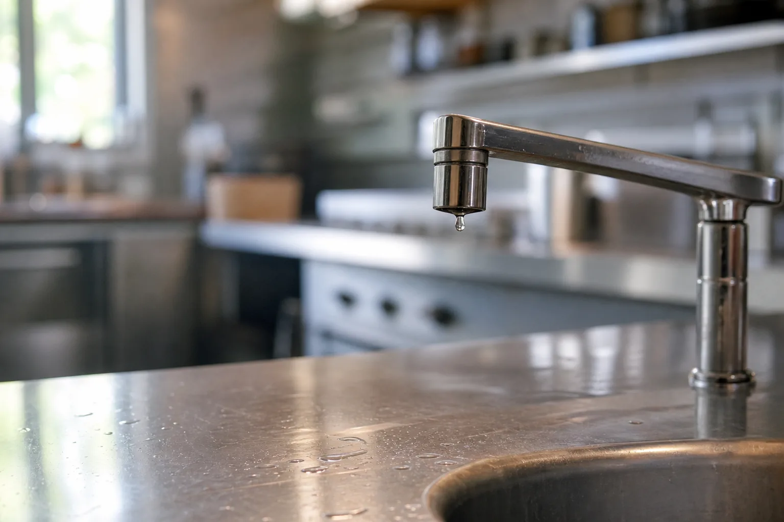 Plan de travail en inox brossé avec bec de robinetterie et cuve intégrée